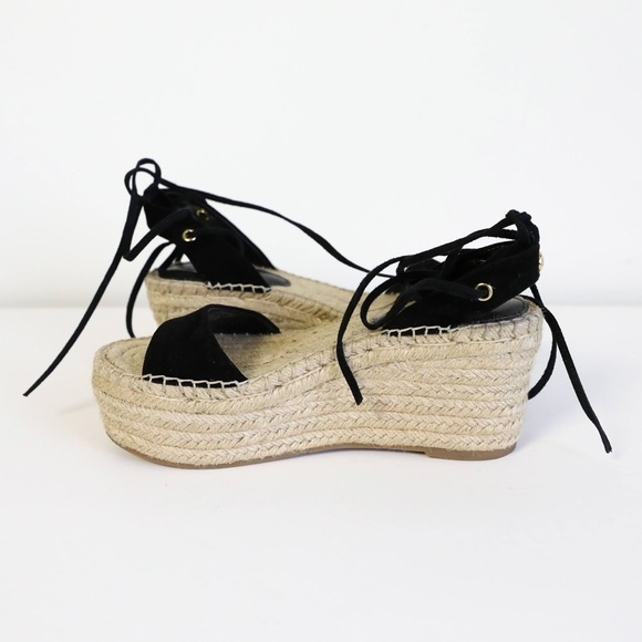 Guess black suede straw wedge platform espadrilles open toe sandals lace up shoe - Picture 6 of 7